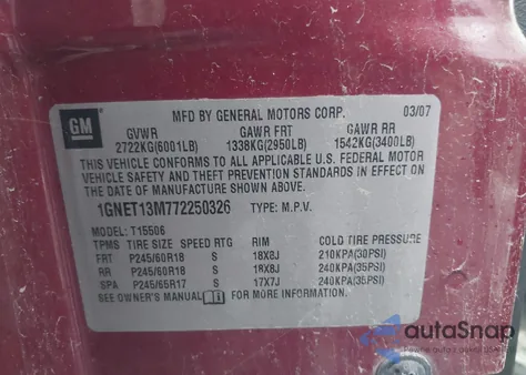 2007 Chevrolet Trailblazer Lt z USA, uszkodzony, nr VIN 1GNET13M772250326